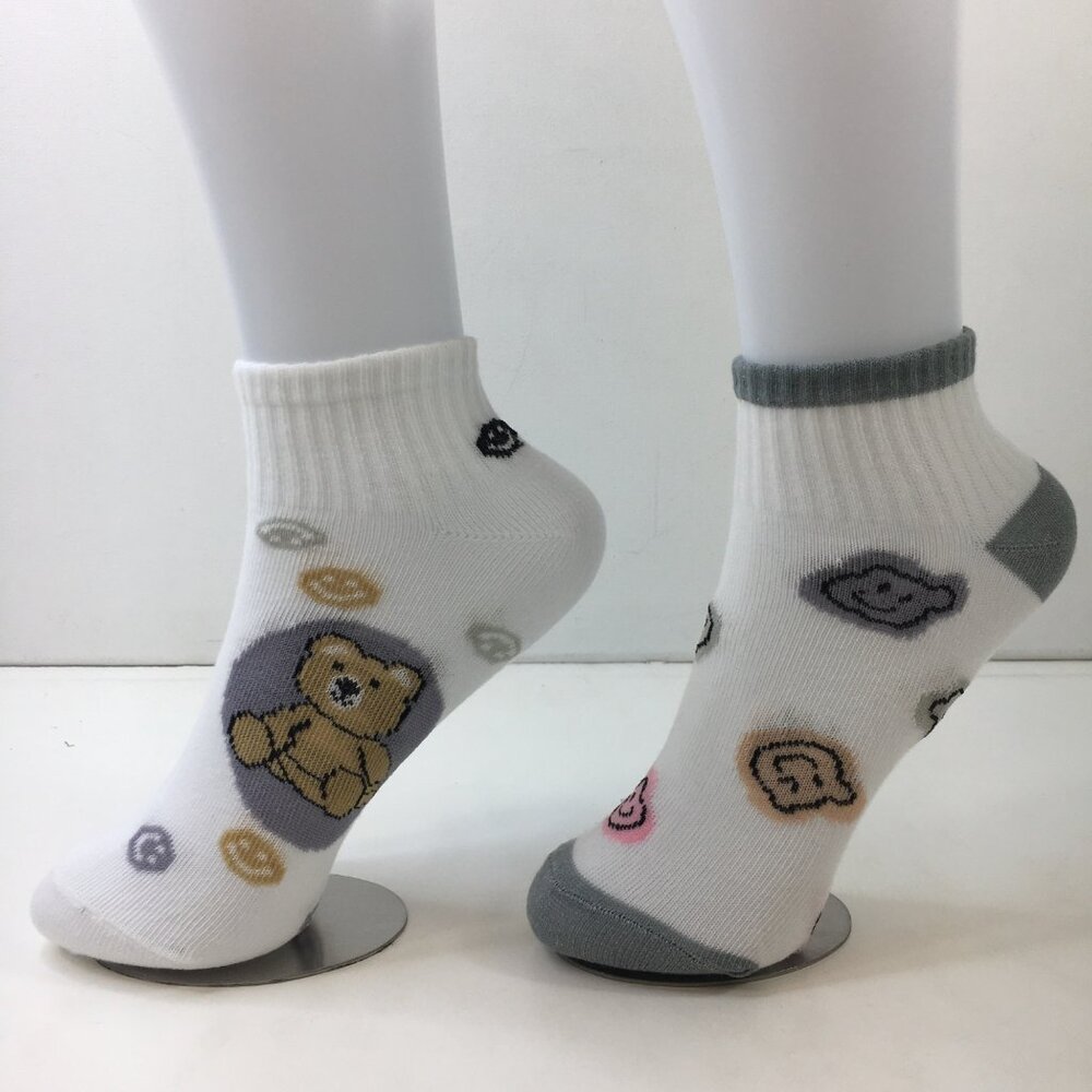 Womens Ankle Socks Set 2 Teddy Bear Smile Face Emoji Print White Gray Pink